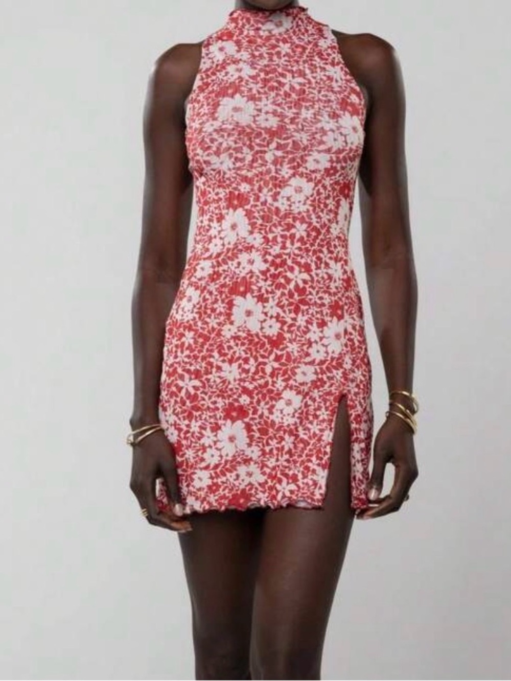 Red Floral High neck Mini Dress with Side Slit size small NWOT